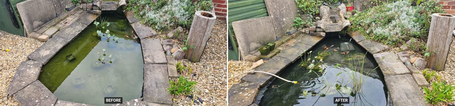 Before and after pond and stream restoration with bridge feature